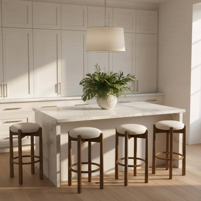 Indoor Wooden Upholstered Barstool with Deep Walnut Finish and Ivory Upholstery, Set of 4
