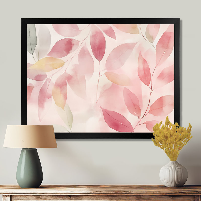 Feuilles roses et vertes blush II - Tableau botanique abstrait encadré, H 12 po x l 20 po, Black Picture Framed