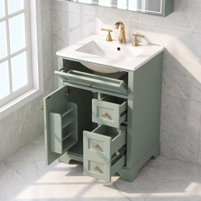Meuble-lavabo simple autoportant vert 24 po avec lavabo et rangement en céramique