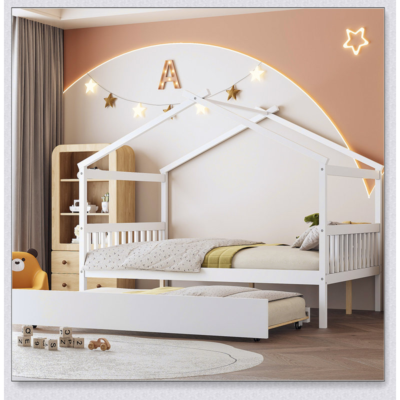 Wooden House Bed With Trundle, White