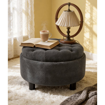 25Inch Round Storage Ottoman With Tray, Moderntufted Fabric Circle Coffee Table With Storage, Upholstered Ottoman With Removable Top For Living Room, Bedroom,Coffee