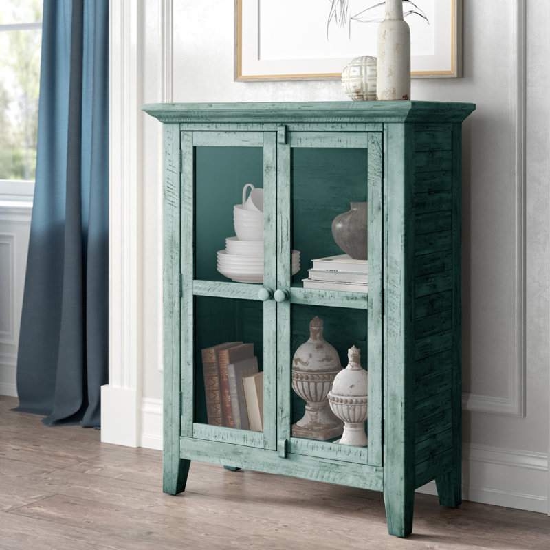Knorr 2-Door Solid Wood Glass Accent Cabinet, Surfside