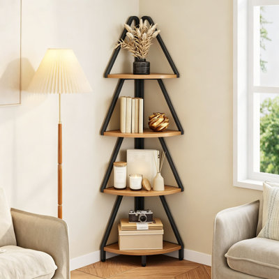 Étagère d'angle à 4 niveaux, support de rangement industriel de 53,1 pouces de hauteur, support pour plante étroite avec bibliothèque à conception d'arbre pour salon, chambre à coucher, bureau, brun