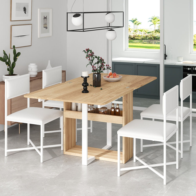 Ensemble de salle à manger moderne extensible 5 pièces pour petits espaces, table pliable blanche avec rangement et 4 chaises en polyuréthane blanc