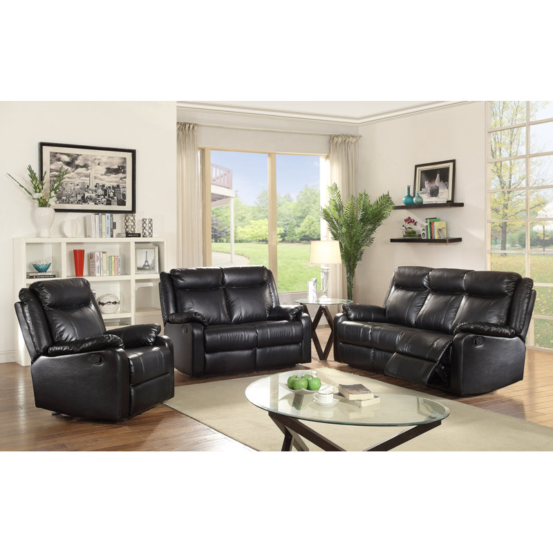 Boston Faux Leather Pillow Top Arm Reclining Loveseat, Black Faux Leather, 40"H x 76"W x 37"D