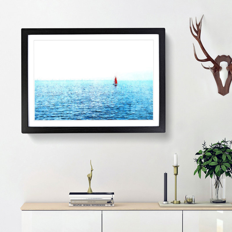 Solo Red Sailboat And Seascape - Single Picture Frame Painting on MDF, Black Framed, 24cm H x 33cm W x 2cm D