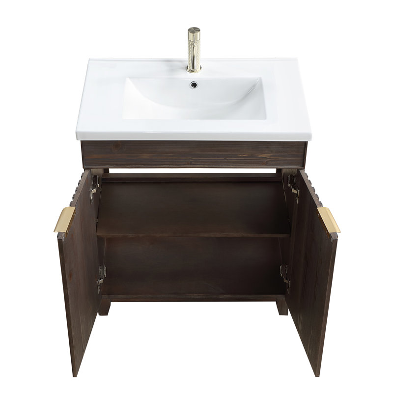Dansfield 29.9'' Free Standing Single Bathroom Vanity with Ceramic Top, Spruce Antique Brown, Brushed Gold