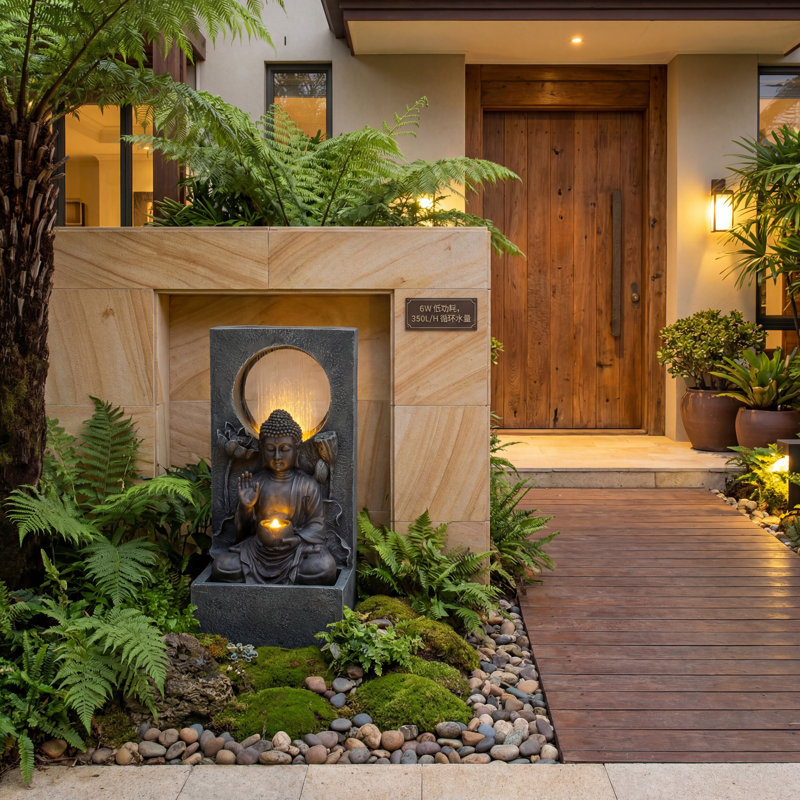 Fontaine 28 po H 28 po en résine noire avec lumières DEL - Décoration Zen Fengshui, autoportante pour patio, jardin et maison