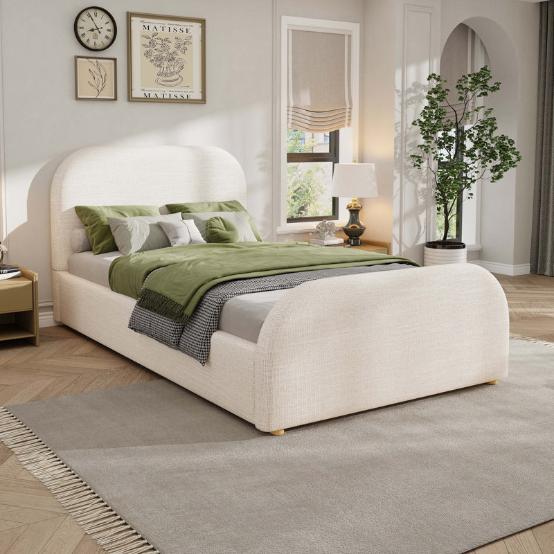 Structure de lit simple avec tête de lit tapissier recouverte de lin, pieds en bois massif, beige, pour un sommeil élégant et confortable