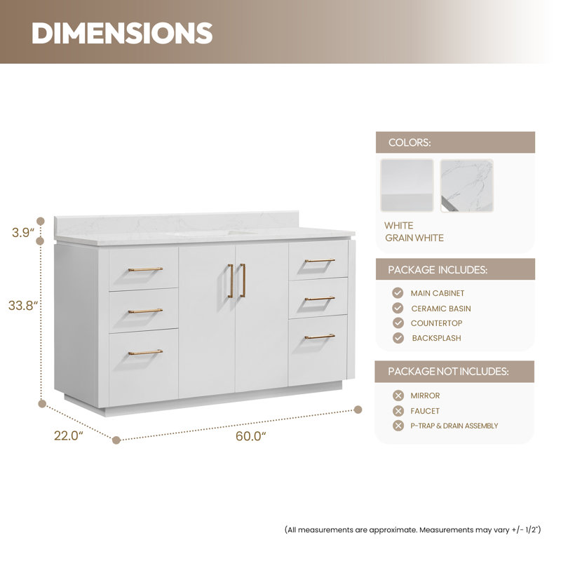 Meuble-lavabo simple 60 po avec plateau en pierre composite Cloverfield, Or, Blanc