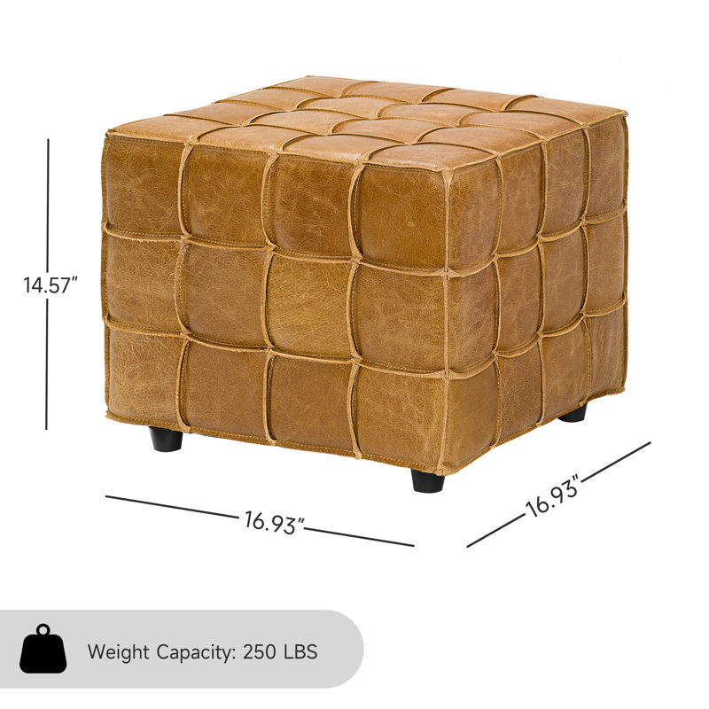 Genuine Leather Square Cube Ottoman Foot Stool, Light Brown