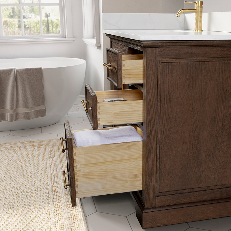 Friedliese 36" Single Bath Vanity with Silk White Quartz Stone Top, Aged Dark Brown Oak