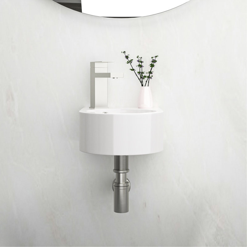 Lavabo de salle de bain mural en céramique - 13 X 10,16 pouces, blanc, faible taux d'absorption, teinture blanche aux acides, attrait moderne