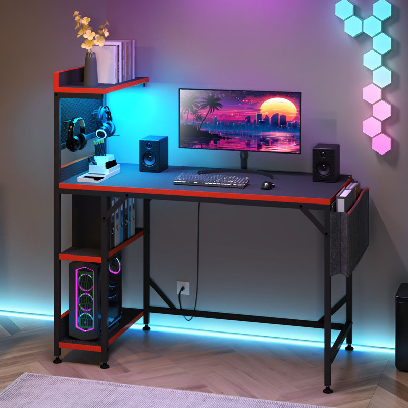 Reversible 110Cm W Computer Desk,Home Office Desk Gaming Table With Storage Shelf&LED Lights, Black