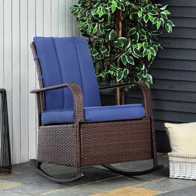 Fauteuil à bascule d'extérieur avec repose-pieds réglable, coussin moelleux, bleu, pour jardin, cour, véranda, dossier inclinable, coussins de patio.