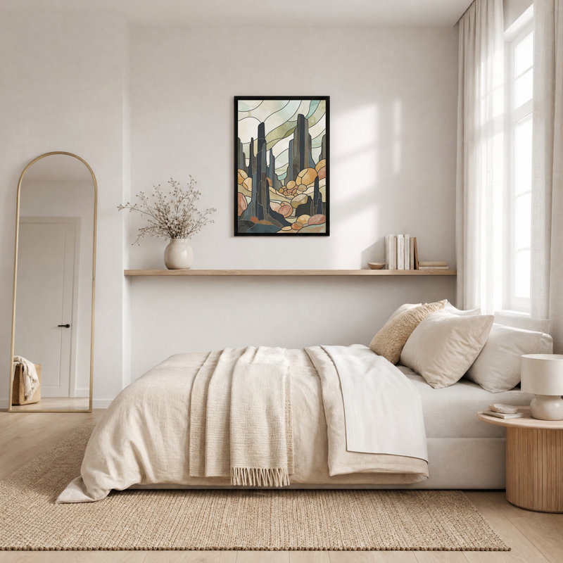 Tableau sur toile représentant des flèches rocheuses en vitrail aux tons terreux, H 36 po x l 24 po