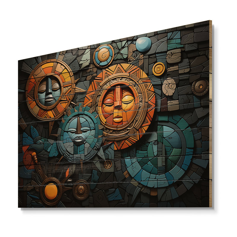 Impression de mosaïque africaine sur bois naturel, H 30 po x l 40 po x P 0,78 po