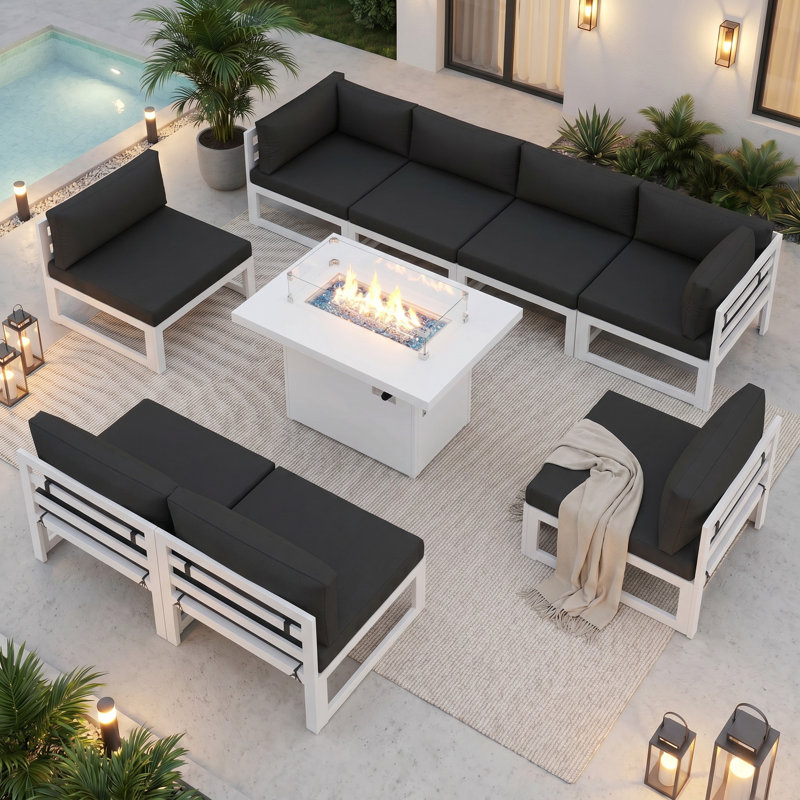 Modern 9-Piece Aluminum Patio Conversation Set with Propane Fire Pit Table, 500lb Capacity Heavy-Duty Outdoor Sectional Set with Cushions