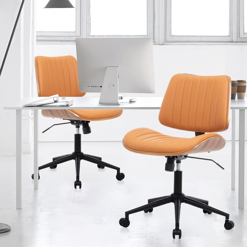 Armless Walnut Bentwood & Faux Leather Swivel Office Chair with Adjustable Height and Recline, Brown