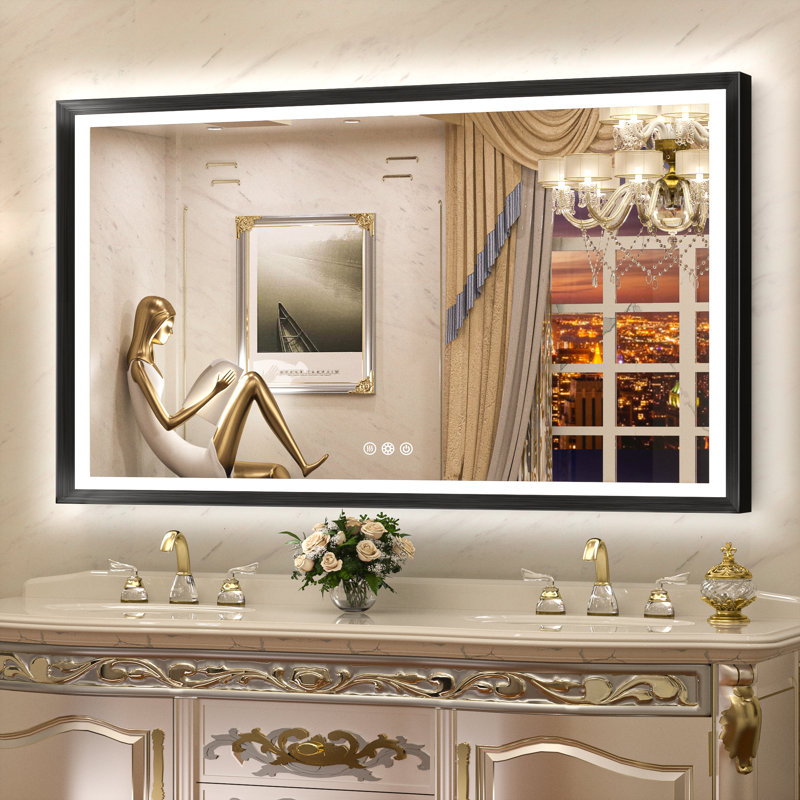 Miroir de salle de bain DEL rétroéclairé New Rockford, 60 po x 36 po, Noir, Rectangulaire
