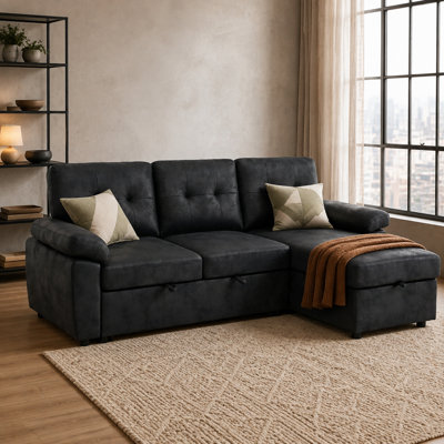 Velmorynne 88.5" L-Shaped Pull-Out Sleeper Sectional with Storage Chaise, Tufted Back Cushions and Pillow-Top Arms