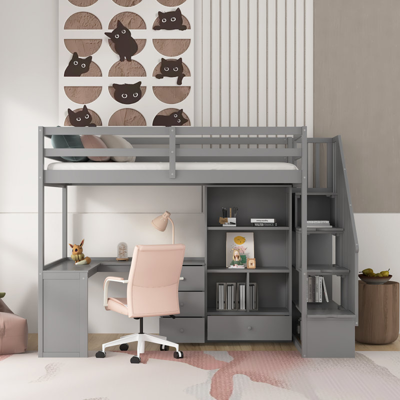 Lit mezzanine simple à 4 tiroirs avec bureau intégré Goran par Harriet Bee, gris