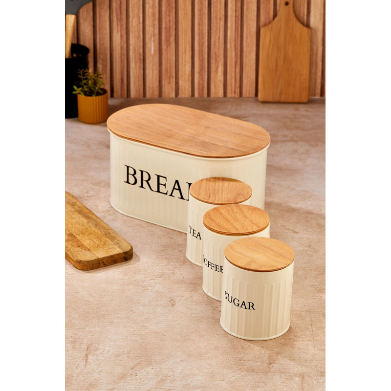 Ensemble de boîte de rangement de qualité supérieure 4 pièces, couleur crème, 11,8 x 7,5 x 5,9 po (boîte à pain) et 3 x 4,3 x 4,0 po (petites boîtes) | 100% métal durable avec couvercles en bois | Idéal pour l'organisation de la cuisine et la décoration moderne