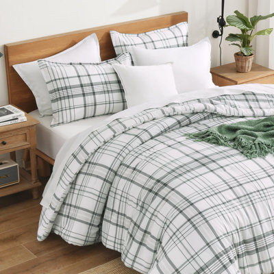 Andency Green White Plaid Comforter Set Full(79x90Inch), 3 Pieces Preppy Grid Gingham Stripes Bedding Comforter Sets for Boys Girls Kids Teens, Green Line Soft Lightweight Geometric Reversible Bed Set