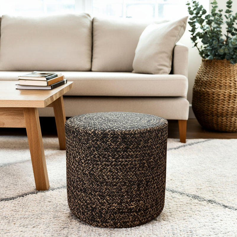 Braided 18" Wide Black and Natural Two-Tone Weave Pouf - Handwoven Jute Ottoman – Ideal for Indoor or Covered Outdoor Use - Stylish and Multi-functional as ottoman, footrest, & decor