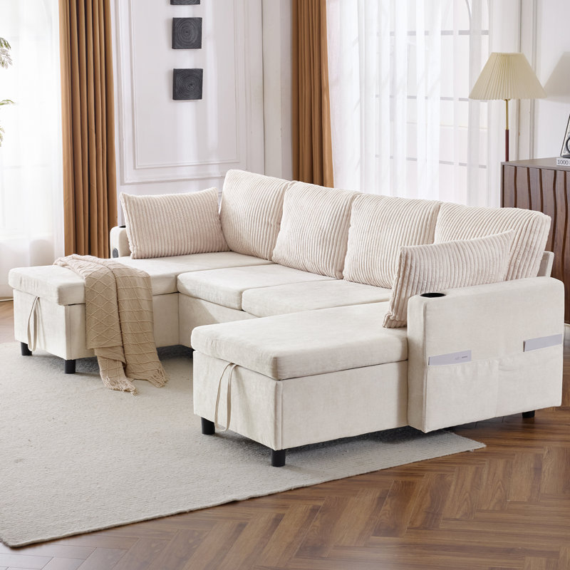 Canapé-lit modulaire polyvalent de 113,4 po avec grand espace de rangement, Chenille beige