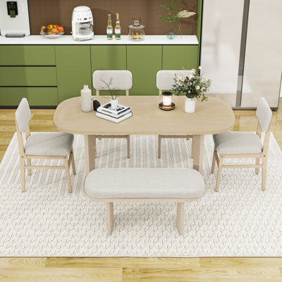 6-Piece Wood Dining Table Set with Table, Bench and 4 Upholstered Chairs