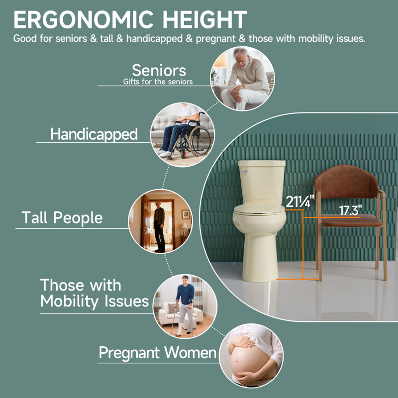 21" Extra Tall Compact Two Piece Toilet for Seniors, 1.28 GPF Tornado Single Flush, MAP 1000g, Bone, Bone