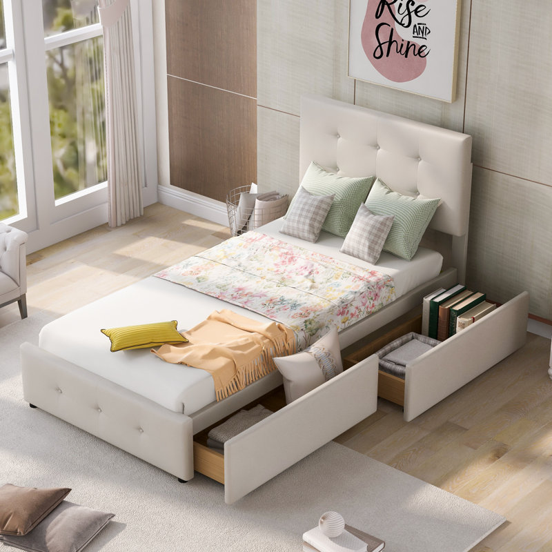 Upholstered European Single Metal Drawers Bed