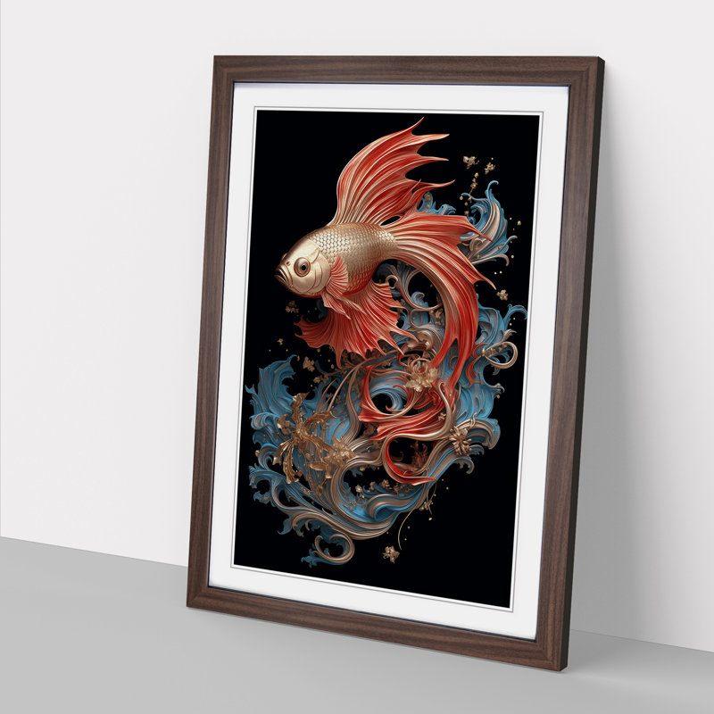 Siamese Fighting Fish Nouveau No.2 - Single Picture Frame Print on Wood, Walnut , 34cm H x 25cm W x 2cm D