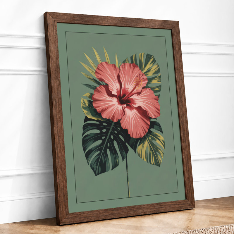 Pink Hibiscus Study Botanical - Framed Print, A3 - 42.0 x 29.7 cm, Walnut