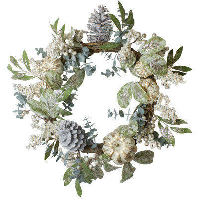 Neutral Colored Pumpkin and Pine Cones Fall Harvest Wreath - 18-Inch Unlit