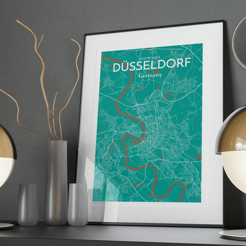 Impression sur carte de la ville de Dusseld, H 36 po x l 24 po, Vert / Brun