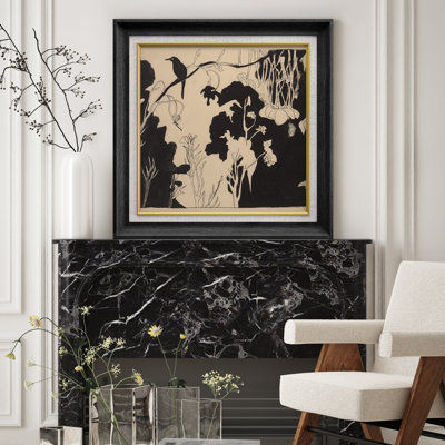 «Black and Beige Bird Floral Silhouette», reproduction d'art sur papier encadrée