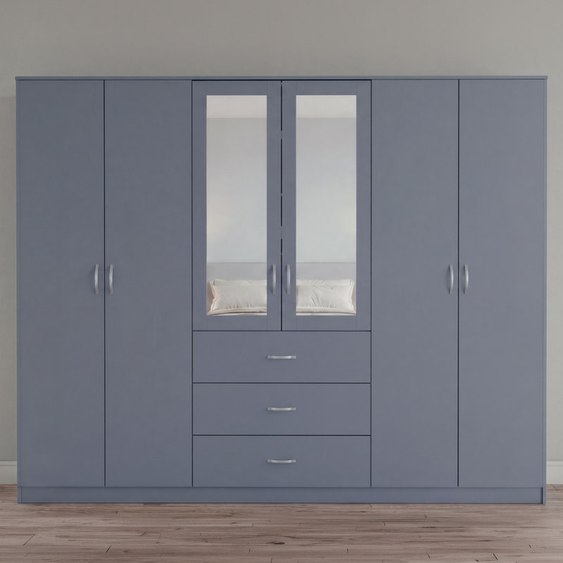 Modern 6 Door 3 Drawer Mirrored Wardrobe with Hanging Rail for Bedroom Storage & Organisation