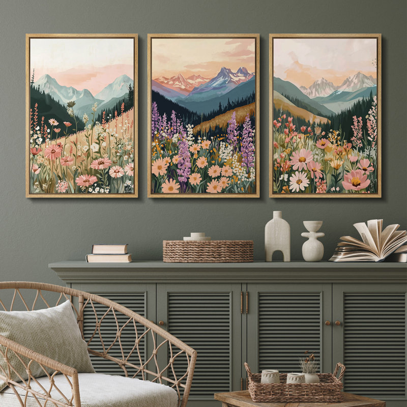 Ensemble de 3 reproductions d'art sur toile Floral Mountain Landscape, H 24 po x l 16 po, Naturel