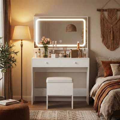 Baelyn Makeup Vanity with LED Lighted Mirror, Modern 4 Drawers Vanities Desk with Stool