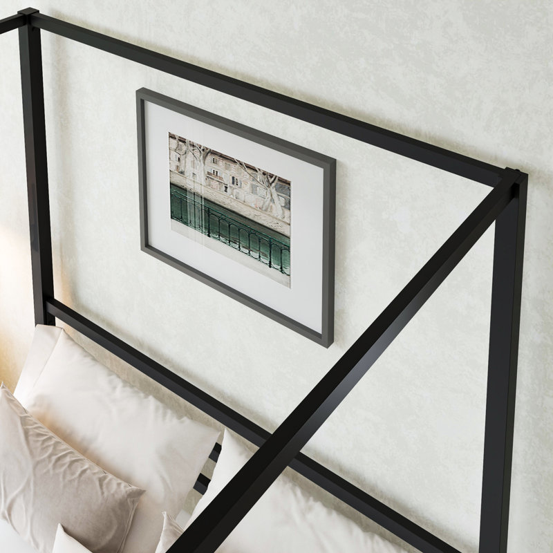 Tabiauea Metal Canopy Bed Frame with Wooden or Metal Slats, Full, Black