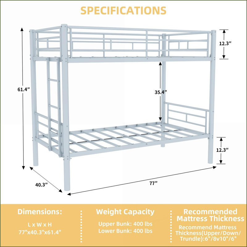 Hockman Over Hockman Metal Bunk Bed Frame, Convertible to 2 Beds, No Box Spring Required, Sturdy Steel Structure for Shared Spaces