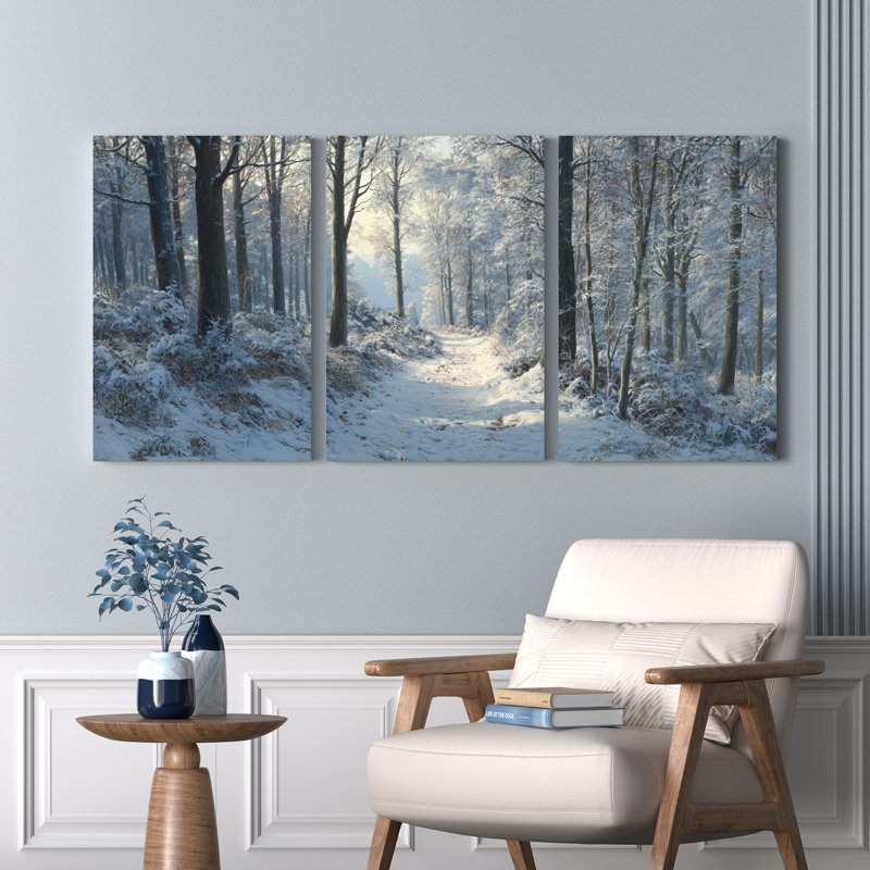 Ensemble de 3 tableaux sur toile représentant un paysage de forêt enneigée en hiver, H 18 po x l 36 po