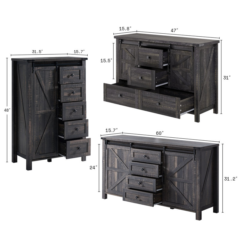 Kriebel Farmhouse 3-piece Bedroom Table Set,Black, Black
