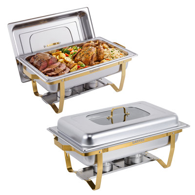 Ensemble de 2 chauffe-plats rectangulaires en acier inoxydable, semi-plaqué or, avec couvercle en verre, idéal pour les buffets et les traiteurs.