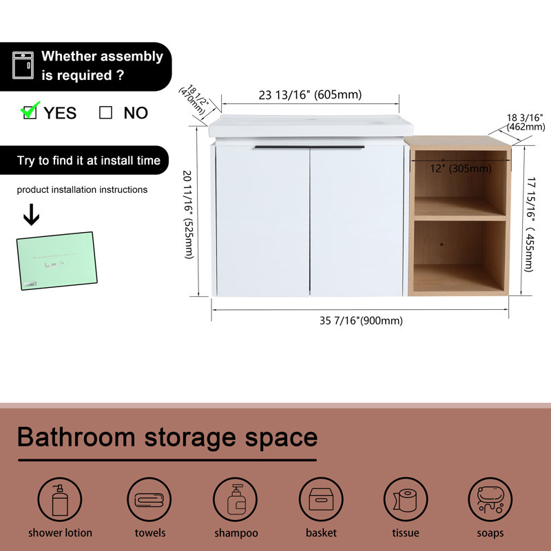 Meuble-lavabo simple 36,14 po avec plateau en céramique Priyansi