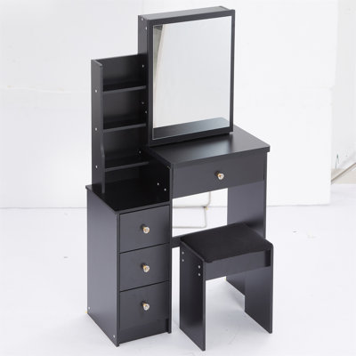 Petite coiffeuse 29,2 po avec tabouret de chevet gauche + tabouret rembourré, très grand miroir coulissant à droite, rangement multi-couches à grande capacité, commode pratique et pratique, convient aux petits espaces