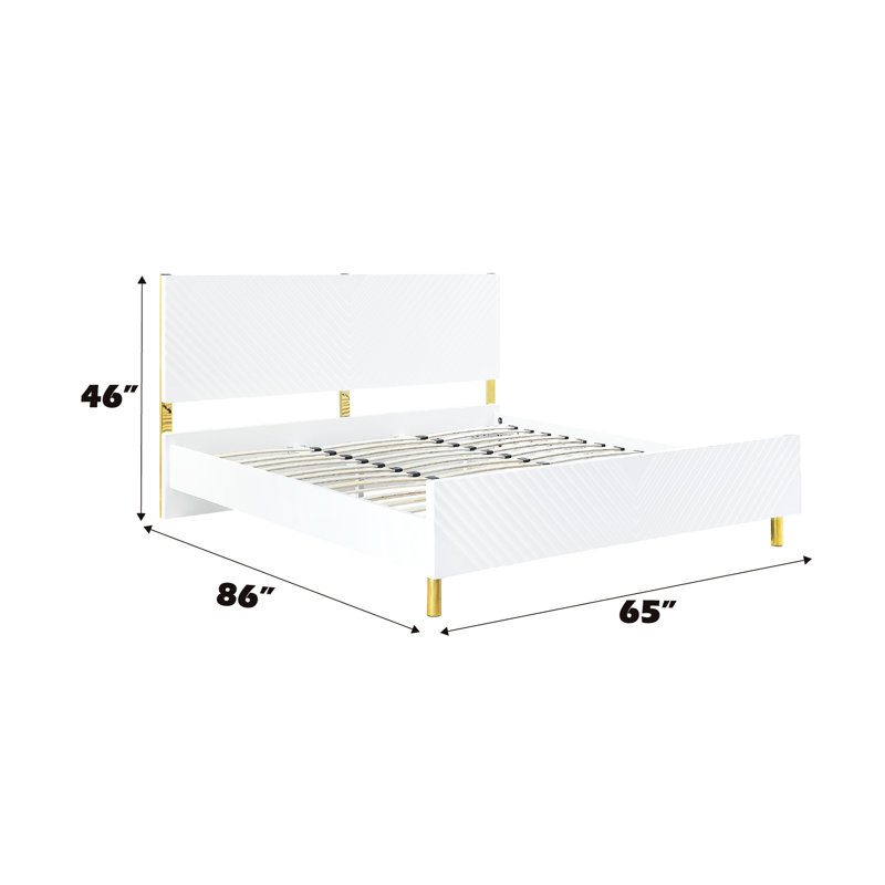 High Gloss Finish Queen Bed With Wave Design And Metal Legs, 26 Slats 2 Support No Box Spring Necessary, Fully Kd Structure, 660Lbs Capacity, White Main Color, Synthetic Wood Material, 65 Inches Of