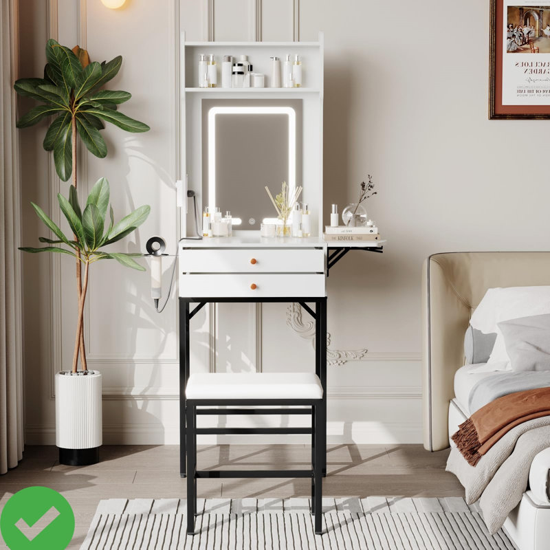Petit meuble-lavabo avec petit miroir et ensemble de coiffeuse avec 2 tiroirs lumineux, Noir / blanc